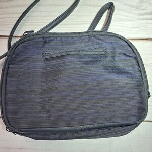 Multisac Black And Blue Pin Stripe Crossbody Purse Lots Of Pockets